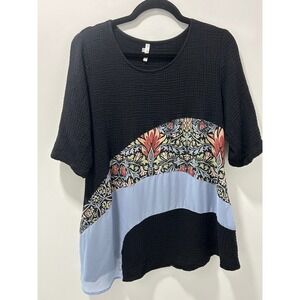 Lindi Black Textured Gauze Mixed Media Floral Print Short Sleeve Top Large